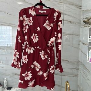 Wrap dress, maroon with white flowers.